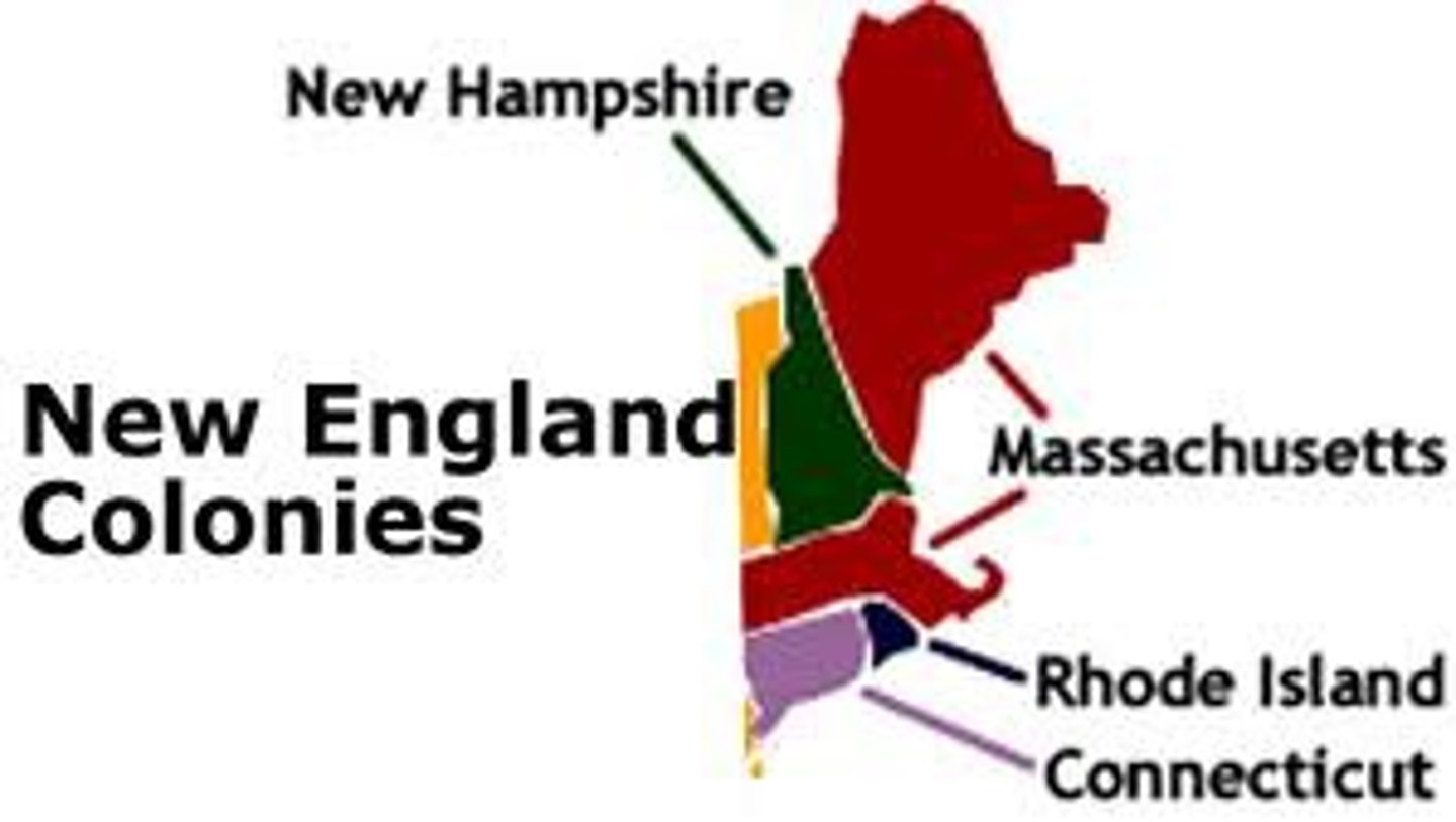 <p>Connecticut, New Hampshire, Massachusetts, and Rhode Island</p><p>Settled by Pilgrims in 1620 and Puritans in the 1630s to escape religious persecution in England.</p>