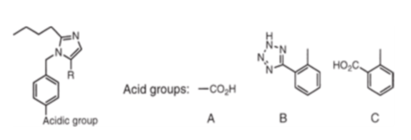 <p>- carboxylic acids</p><p>- phenyl tetrazole or isostere</p><p>- phenyl carboxylate</p>