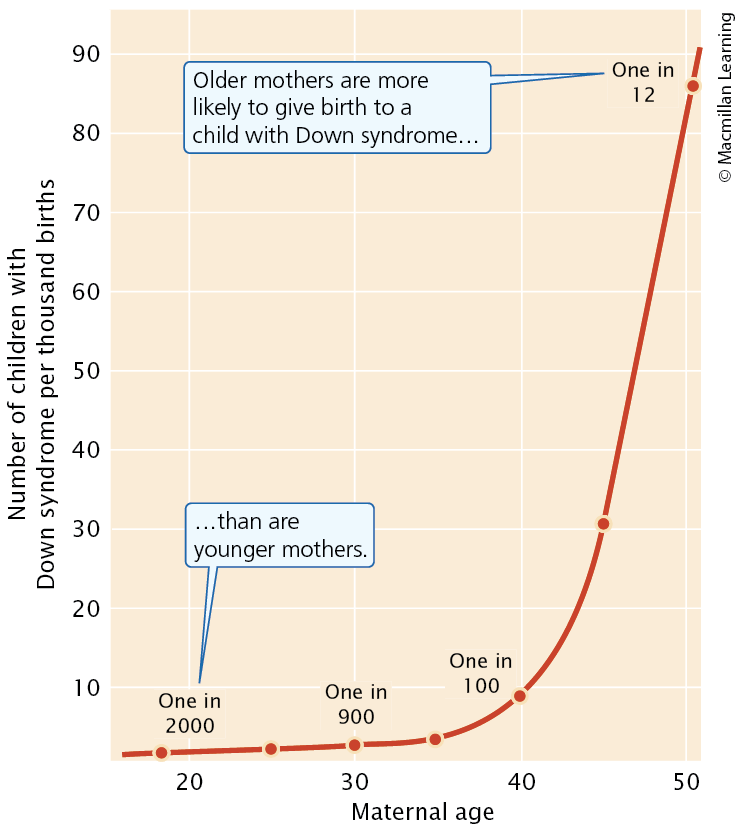 <p>Aneuploidy and Maternal Age</p><p>Nondisjunction happens more often as mothers get older, leading to a higher chance of giving birth to a child with down syndrome </p>