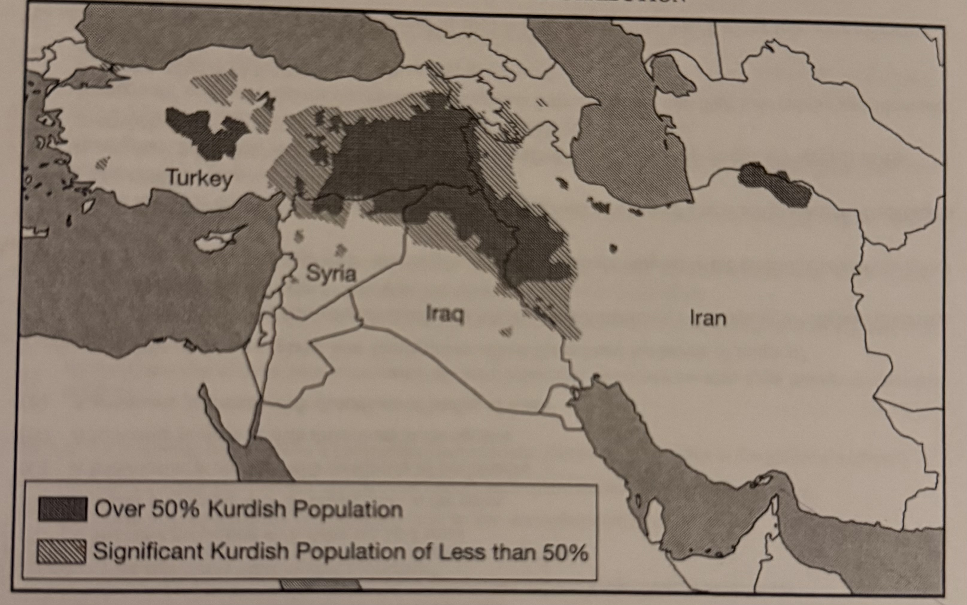 <p>Based on the formation in the map, what is the most likely outcome of the possible establishment of an I dependent Kurdistan for the Kurdish people?</p>