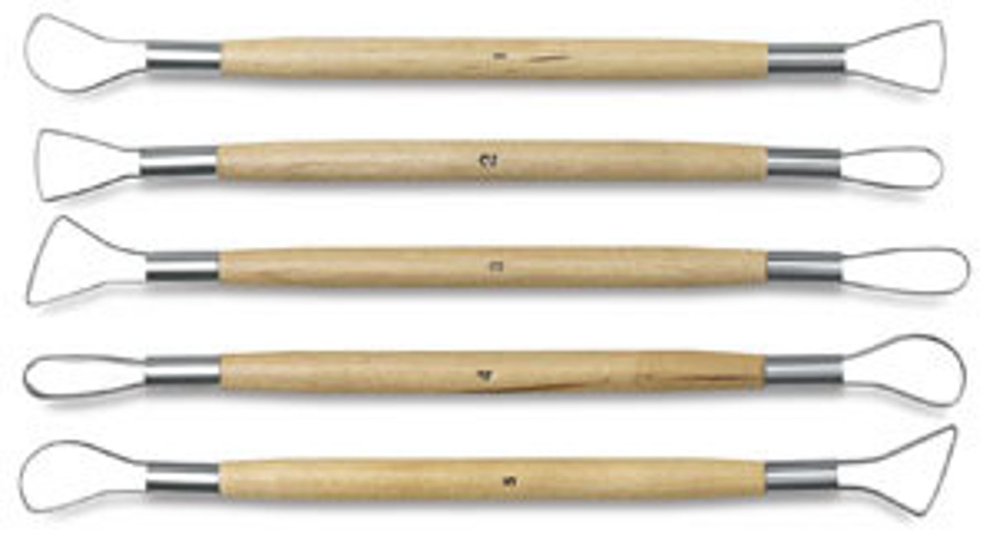 <p>A tool made out of flattened metal ribbons with sharpened edges. They are used mainly to trim the bases of thrown pots, but also to hollow out handmade shapes or use in subtractive embellishment.</p>