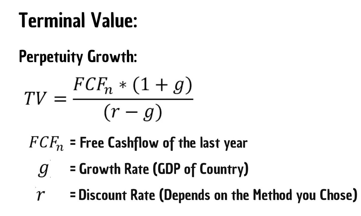 <p>Terminal Value = Cash Flow next year ÷ (Discount Rate – Growth Rate)</p>