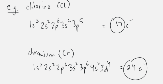 <ul><li><p>will go in order of Aufbau’s principle and end at quantum number of associated spot on periodic table </p></li><li><p>exponent indicates position on period (row)</p></li><li><p>total sum of exponents indicates number of electrons and </p></li></ul><p></p>