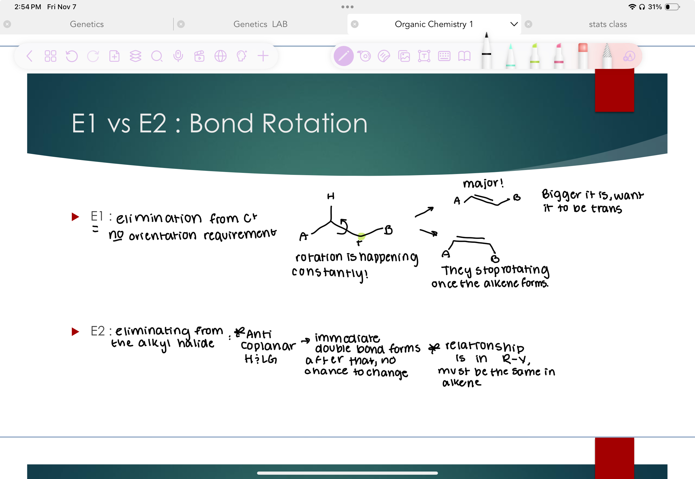 <p>E1: elimination from C+ no orientation requirement, rotation is constantly happening until the alkene forms, bigger = trans</p><p>E2: elimination from the alkyl halide ** anticoplanar H-LG → immediate double bond forms after that, no change&nbsp; &nbsp;relationship is in R-X must be the same in alkene</p>