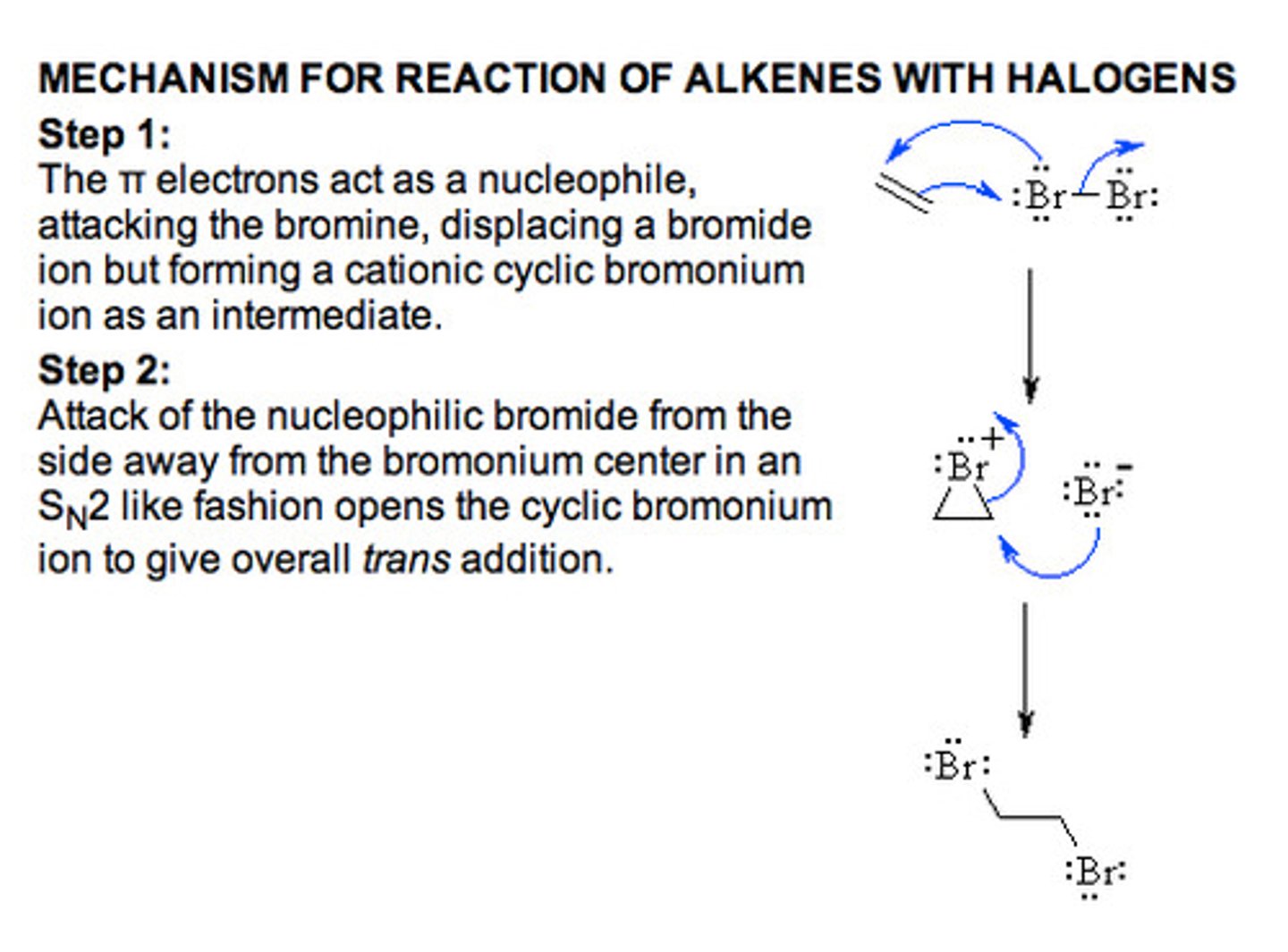 <p>1. Br2 (or Cl2), H2O</p><p>1 eq of bromine with an excess of water, halonium intermediate will be opened by the water instead of the halogen ion, and a molecule that is trans- with a halogen and a OH is formed. when double bond is unsymmetrical, OH ends up on more substituted carbon</p>