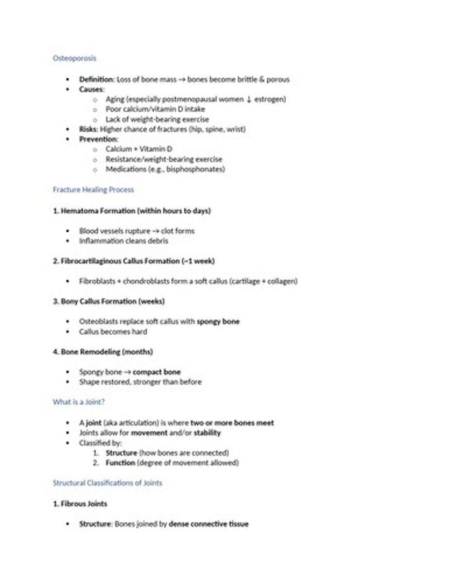 <p>A condition characterized by loss of bone mass, leading to brittle and porous bones, often due to aging and low estrogen levels.</p>