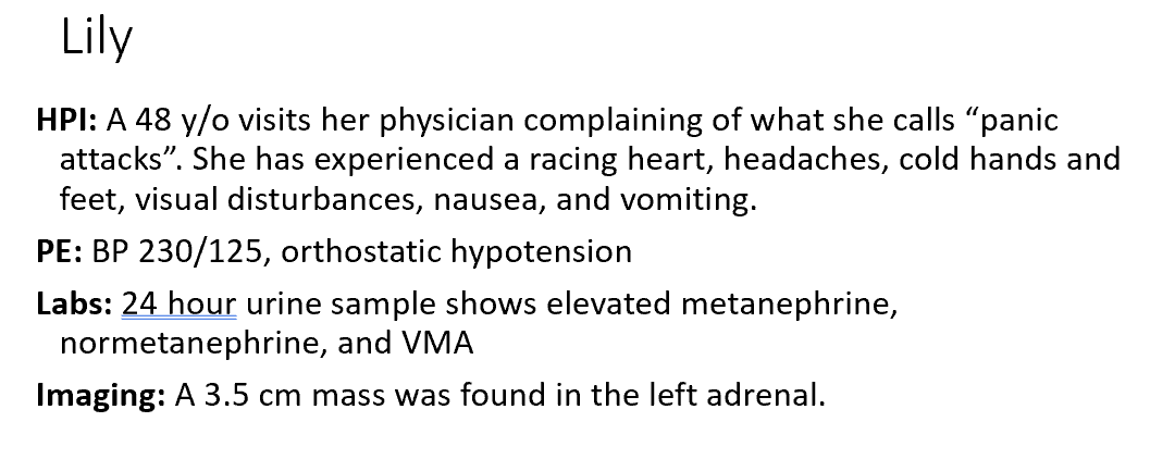<ol><li><p>Pheochromocytomas</p></li><li><p>An α1-adrenergic antagonist</p></li></ol><p><em>(Don’t want to give Beta-adrenergic antagonist first because if someone is constricted, you run the risk of hypoperfusion and death of tissues.)</em></p><p></p>