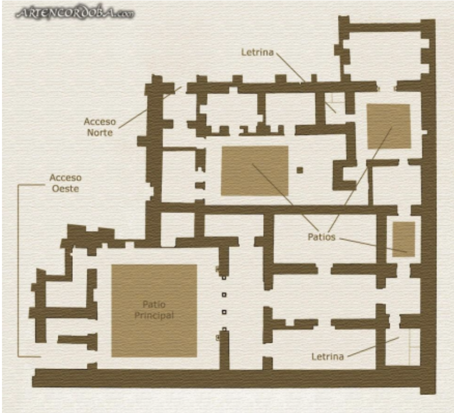 <ul><li><p><strong><u>TRES ZONAS:</u></strong></p></li></ul><ol><li><p><strong><mark data-color="#b3932d" style="background-color: rgb(179, 147, 45); color: inherit;">Inicio</mark></strong>→ Zona más pública o de representación. - De planta basilical con tres naves perpendiculares al patio y una transversal con una rica fachada de arco triple de herradura.</p></li><li><p><strong><mark data-color="#d32c2c" style="background-color: rgb(211, 44, 44); color: inherit;">Norte</mark></strong>→ Zona doméstica de servicio.</p></li></ol><p>- Con patio interno y con un acceso independiente.</p><ol start="3"><li><p><strong><mark data-color="#8f3c97" style="background-color: rgb(143, 60, 151); color: inherit;">Residencia de Yafar y su familia.</mark></strong></p></li></ol><p>- Con patios pequeños.</p><p></p><ul><li><p><strong><u>DECORACIÓN:</u></strong></p></li></ul><p>- Triple arcada con arcos de herradura califales en los que vemos el juego de dovelas.</p><p>- Enmarcado por un sistema de doble friso.</p><p>- Ataurique y lacería geométrica en las planchas de yeso de los muros.</p><p>- Pintura al fresco con alusión a la Mezquita de Córdoba.</p><p></p>
