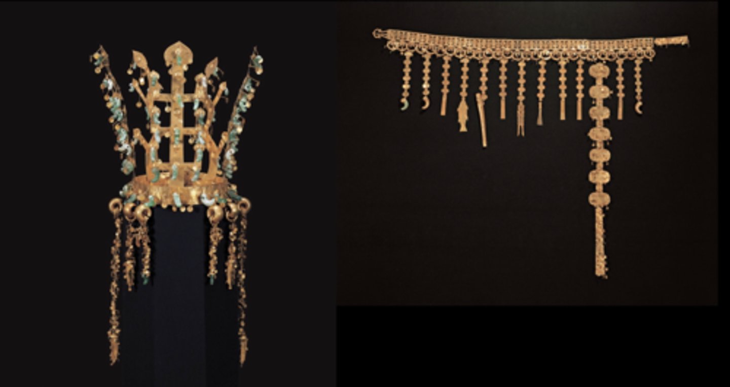 <p>Date: 5th century CECreator: Silla artisansLocation: GyeongjuMedium: GoldKey Facts: North mound burial; demonstrates wealth and status; intricate metalwork</p>