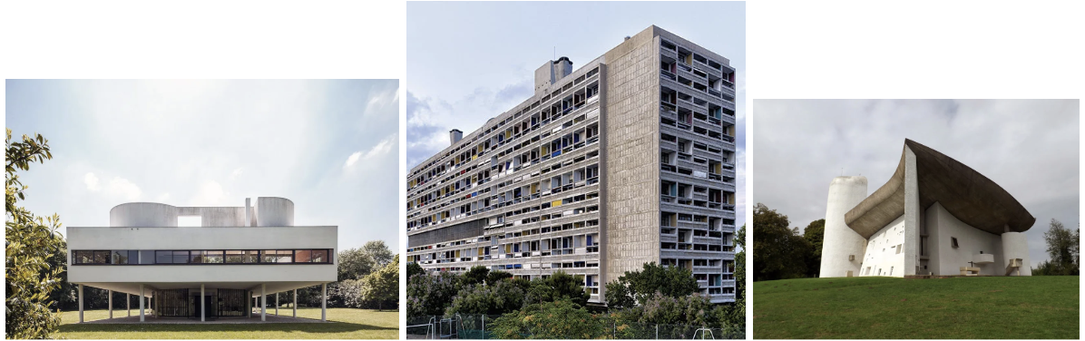 <p><strong>Villa Savoye (int)</strong></p><ul><li><p>"<strong>the Five Points of a New Architecture</strong>"</p><ul><li><p>raise on slender pilotis</p></li><li><p>free floor plans from load bearing walls</p></li><li><p>free facade</p></li><li><p>full ribbon windows</p></li><li><p>flat roof gardens</p></li></ul></li></ul><p><strong>Unité d’Habitation (brut)</strong></p><p><strong>The church of Notre Dame du Haut (brut)</strong></p>