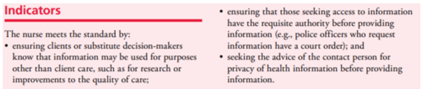 <p>- Disclosure without consent Nurses adhere to legislation that requires them to reveal confidential information to others</p><p>- Ex. The Child, Youth and Family Services Act, 2017, requires all health care professionals to report suspected child abuse to the Children’s Aid Society; the Health Protection and Promotion Act permits reporting of certain conditions to the Medical Officer of Health</p><p>- Additionally, required reporting information may be disclosed to the Workplace Safety and Insurance Board</p><p>- The information CNO gathers during an investigation and shares with the members under investigation is confidential</p>