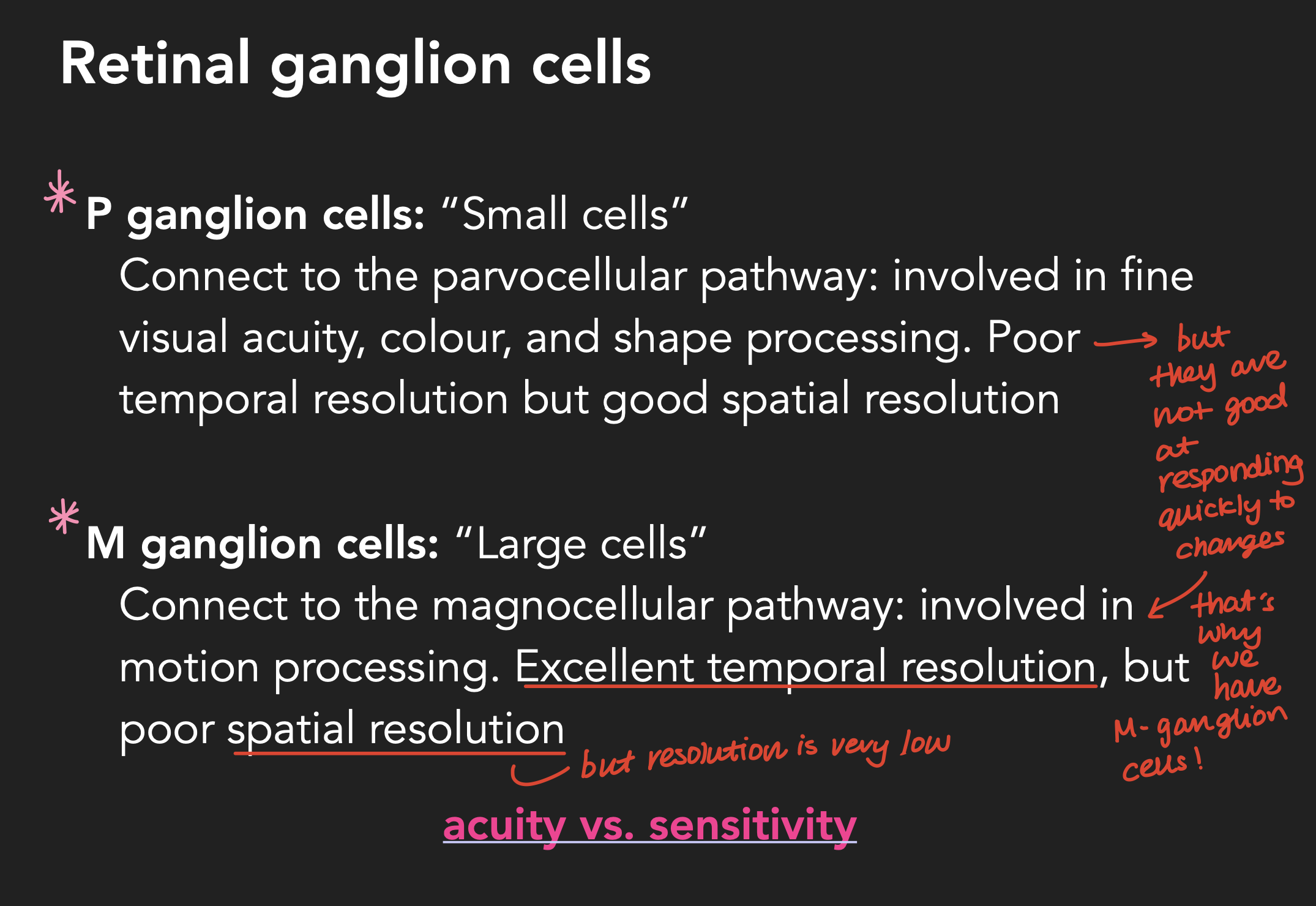 <ol><li><p>P ganglion cells - gives you good information on where things are located in space (spatio), but do not respond quickly to changes (temporo)</p></li></ol><ol start="2"><li><p>M ganglion cells - are the opposite</p></li></ol><p></p>