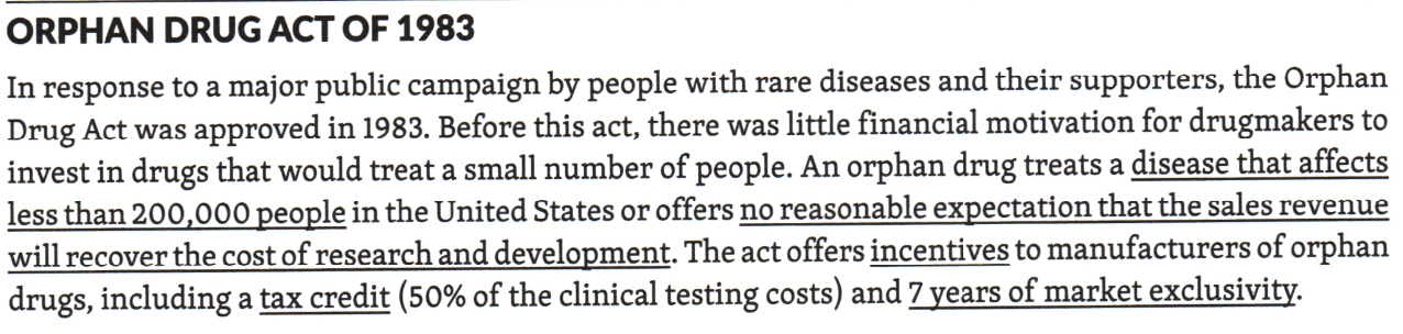 <p>An <u>orphan drug</u> treats a <strong>targeted</strong> <strong>disease that affects less than 200,000 people in the United States</strong> <em>or</em> <strong>has no reasonable expectation that the sales revenue will make up for cost of research and development</strong></p>