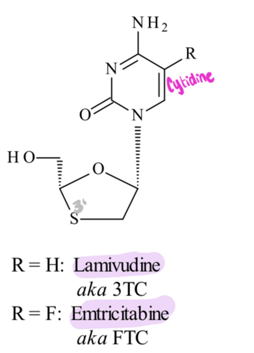 <p>Emtricitabine/Lamivudine</p><p>-both mimic ___ and after often used interchangeably, but should never be used together</p><p>-best tolerated NRTIs along with tenofovir</p>