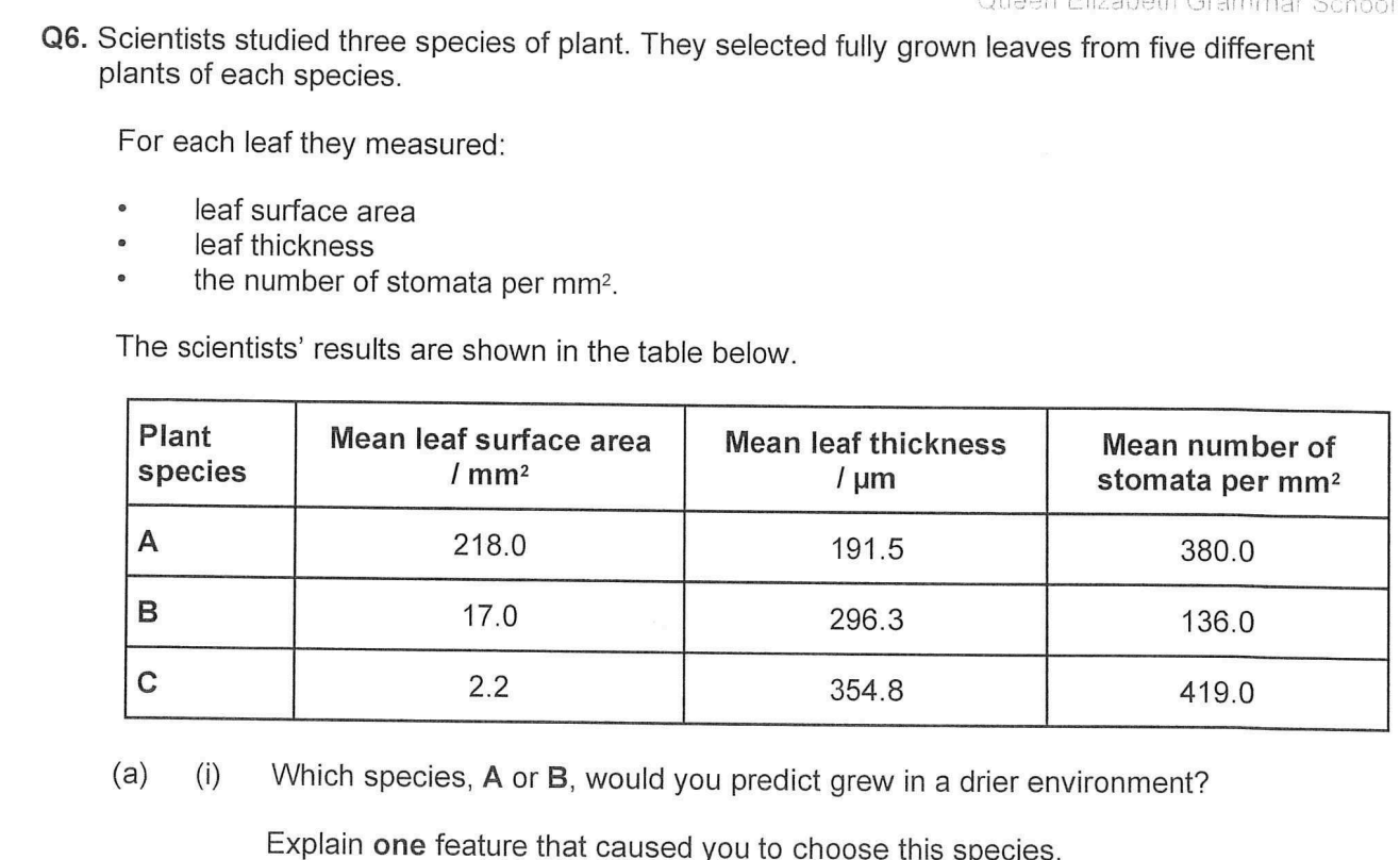 <p>Species C has a high number of stomata per mm2. Despite this it loses a small amount of water.</p><p>use data to explain why</p>