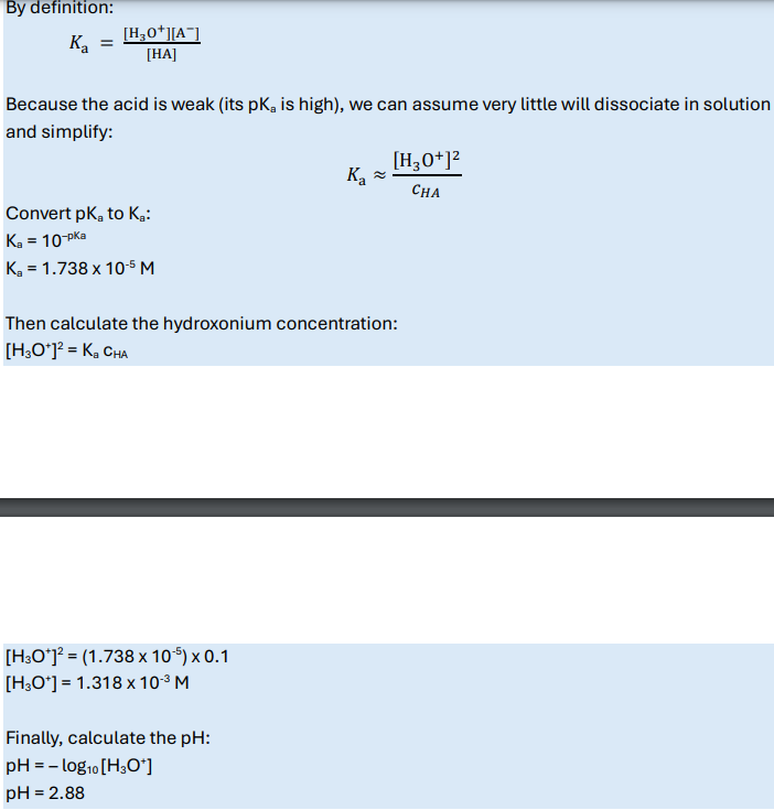 <p>Ka= [H3O+]<sup>2</sup> /cHA</p>