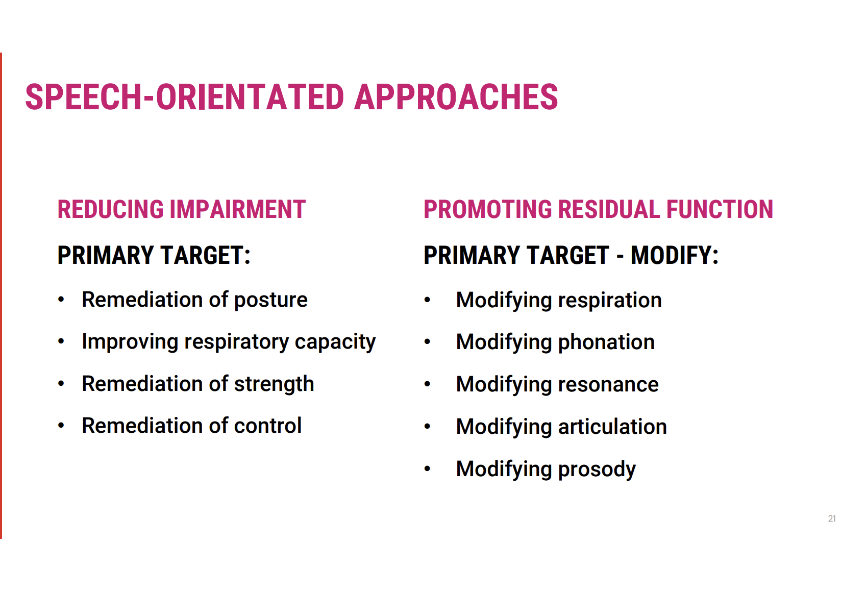 <p><span><strong>1. Targeting the Impairment: Focus Areas</strong></span></p><ul><li><p><span><strong>Reduction of Impairment</strong> involves identifying and targeting specific breakdowns in the motor speech systems, which include:</span></p><ul><li><p><span><strong>Posture</strong>: Improving <strong>head and body alignment</strong> to support clearer speech.</span></p></li><li><p><span><strong>Respiratory Capacity</strong>: Enhancing <strong>lung strength and control</strong> for better breath support during speech.</span></p></li><li><p><span><strong>Strength and Control</strong>: Focus on strengthening <strong>oral and facial muscles</strong> to improve speech articulation and voice control.</span></p></li></ul></li><li><p><span>These interventions directly address the <strong>domains of respiration, phonation, resonance, articulation, and prosody</strong>:</span></p><ul><li><p><span><strong>Respiration</strong>: Techniques to <strong>increase breath support</strong> for sustained speech.</span></p></li><li><p><span><strong>Phonation</strong>: Targeting <strong>vocal cord function</strong> to enhance sound production.</span></p></li><li><p><span><strong>Resonance</strong>: Modifying speech <strong>volume</strong> and <strong>tone</strong> to avoid nasal or breathy speech.</span></p></li><li><p><span><strong>Articulation</strong>: <strong>Improving clarity</strong> of speech through targeted oral motor exercises.</span></p></li><li><p><span><strong>Prosody</strong>: Working on <strong>intonation</strong> and <strong>rhythm</strong> to restore natural speech patterns.</span></p></li></ul></li></ul><p><span><strong>2. Promoting Residual Function: Modifying Usage</strong></span></p><ul><li><p><span><strong>Promoting Residual Function</strong> involves adapting the use of remaining functional speech abilities:</span></p><ul><li><p><span><strong>No attempt to restore full function</strong>, but <strong>modifying how the subsystems are used</strong>.</span></p></li><li><p><span>For example, in a person with weak respiratory muscles, they may learn to <strong>speak more slowly</strong> or <strong>take strategic pauses</strong> to ensure <strong>clearer articulation</strong> and more efficient communication.</span></p></li></ul></li></ul><p><span><strong>3. Combining Impairment Reduction and Residual Function</strong></span></p><ul><li><p><span><strong>Not Mutually Exclusive</strong>: <strong>Reducing impairment</strong> and <strong>promoting residual function</strong> can complement each other:</span></p><ul><li><p><span><strong>Practice and repetition</strong> of new speech techniques can not only <strong>compensate</strong> for lost function but also help <strong>regain control</strong> in specific motor speech areas.</span></p></li><li><p><span>For instance, a person working on <strong>articulation drills</strong> to reduce slurring may also <strong>naturally increase their control</strong> over tongue and lip movements, aiding in clearer speech.</span></p></li></ul></li></ul><p><span><strong>4. Clinical Relevance in Acute Settings</strong></span></p><ul><li><p><span>In acute settings like <strong>rehabilitation</strong>, focusing on <strong>compensation</strong> may offer immediate <strong>functional improvement</strong>.</span></p></li><li><p><span>As rehabilitation progresses, there may be <strong>greater opportunities</strong> to also <strong>target and reduce impairments</strong>, depending on the individual's recovery potential.</span></p></li></ul><p></p>