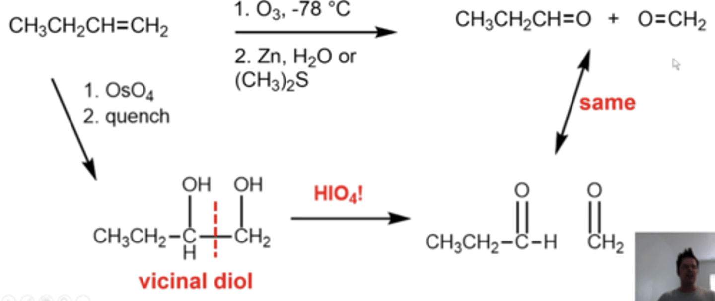 <p>first, use OsO4 with a quench</p><p>then, add HIO4, which saws the molecule between the two alcohols, turning them into aldehydes</p>
