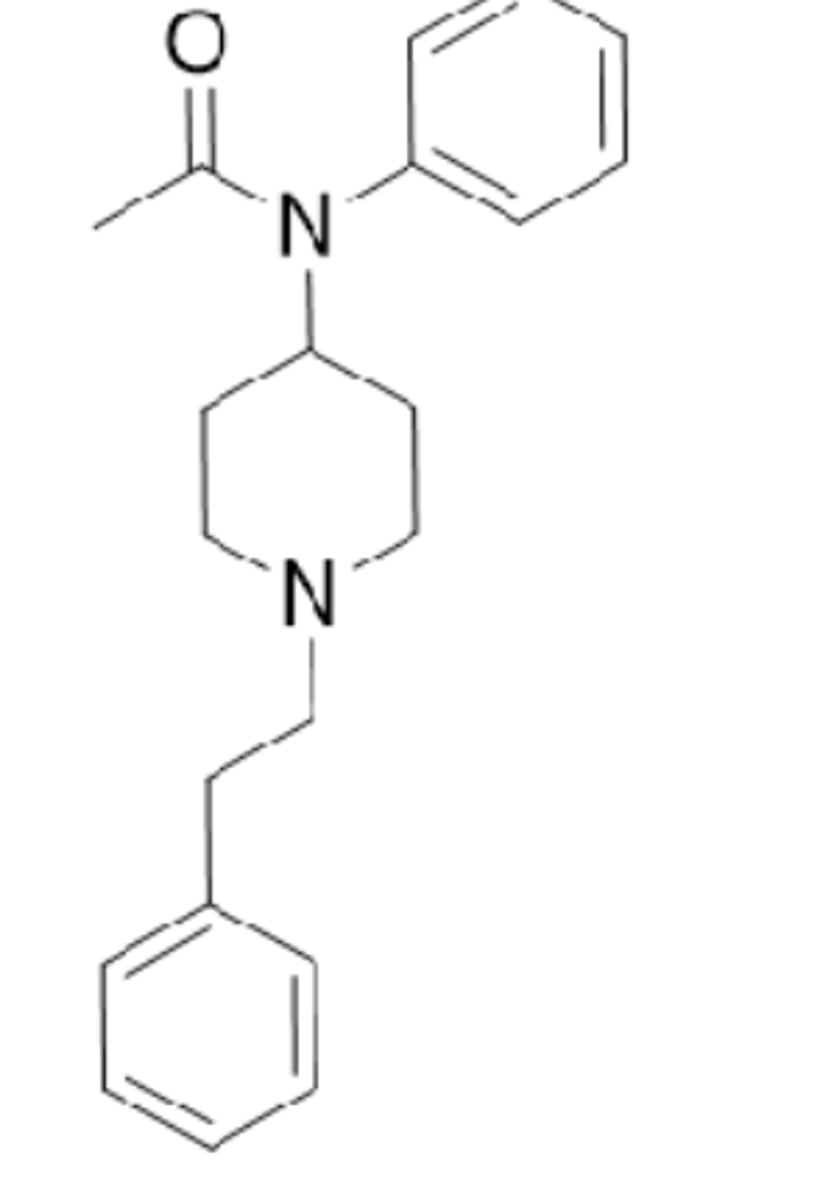 <p>- synthetic opioid analgesic that is more potent than morphine and is used in severe pain and sedation</p><p>- full agonist at MOR and ~50-100 times more potent than morphine after systemic delivery (extremely potent analgesic)</p><p>- accounts for the rapid increasing rates of overdose death</p>