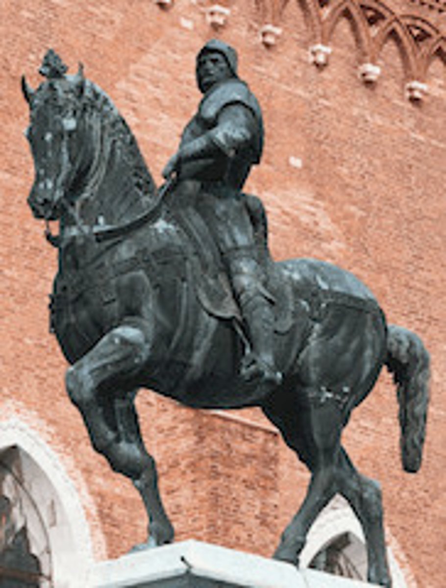 <p>This is a counterpoint to Donatello's statue. It is also a posthumous portrait, but is more tense (foot pressed on stirrup) and shows strength (horse has bulging muscles). While this also shows complete control, it is more in a rugged individualist sense rather than a calm control. It is also on a high platform overlooking the piazza, showing power and great leadership.</p>