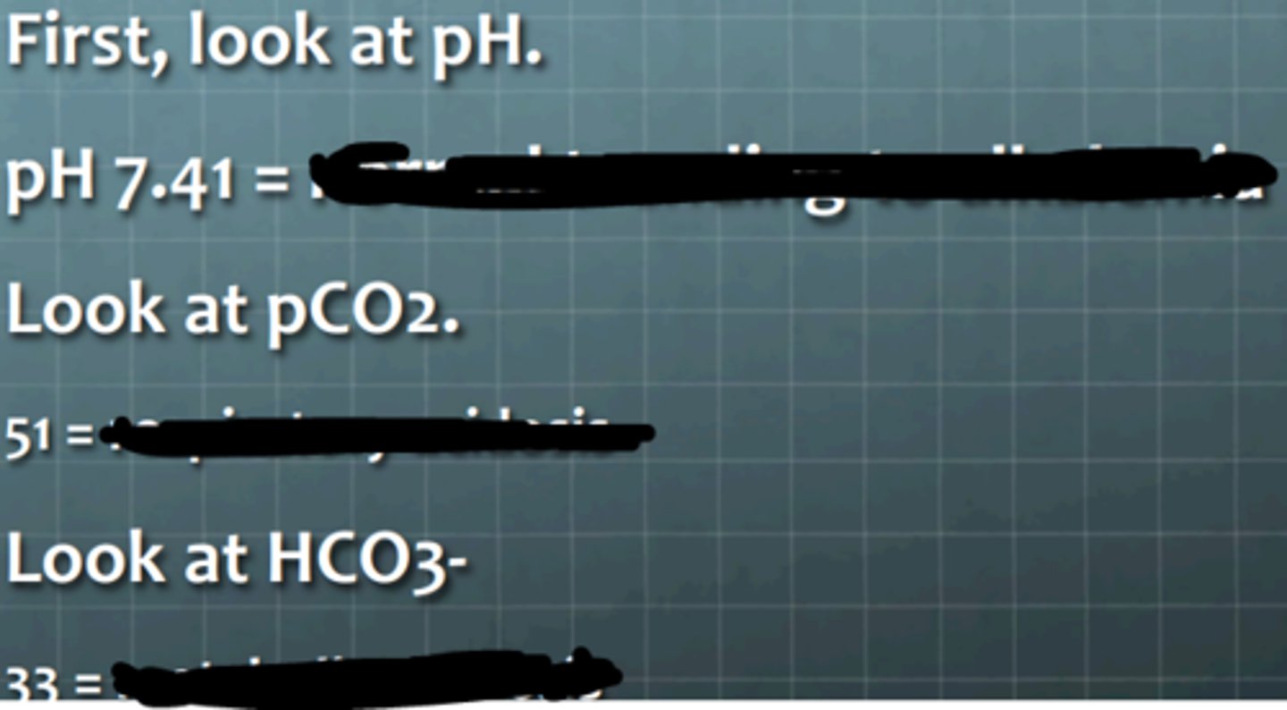 <p>What does the pH suggest?</p><p>________</p><p>What does the CO2 level suggest?</p><p>_________</p><p>What does the bicarbonate level suggest?</p><p>_________</p><p>What is the diagnosis?</p><p>_________</p>