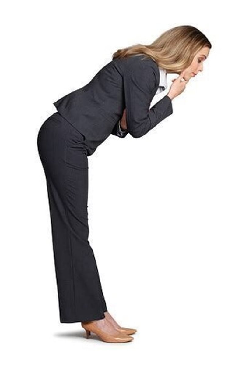<p>to bend or tilt your body forward, like when you reach for something on a shelf or look at something from a window.</p>