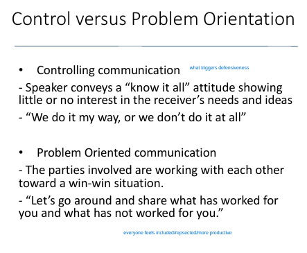 <p>Antidote = problem oriented<br><br>know it all (don’t wanna hear your concerns) vs. working together for win-win situation</p>