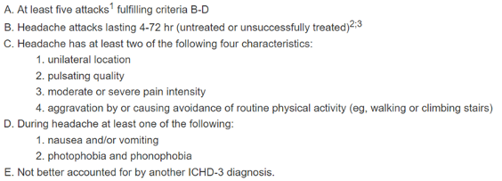 <p><strong>Sudden onset</strong> - recurrent headache disorder lasting 4-72 hours</p><p>Management: Sleep, hydrate, drugs, exercise, diet, lifestyle</p>