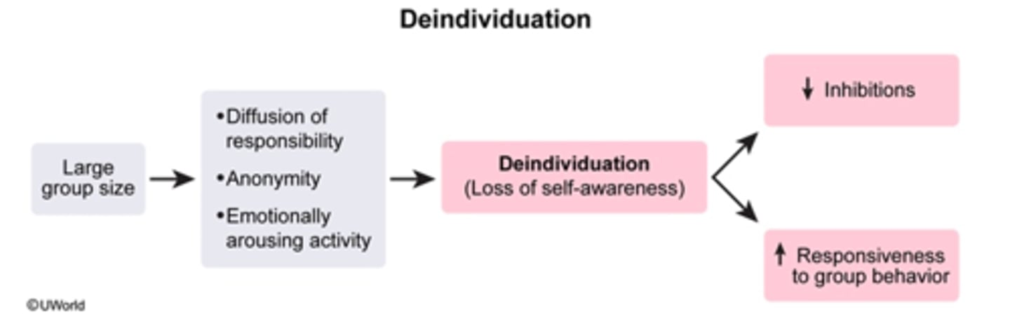 <p>False<br>Deindividuation is the loss of individual self-awareness when one is part of a large group engaged in an emotionally arousing activity (ex. large crowd at a sporting event)<br><br>-can lead to negative crowd behavior (rioting, looting)<br><br>ex. Ku Klux Klan robes</p>