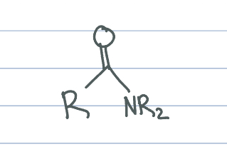 <ul><li><p>A carbonyl group (C=O) with one “R” group attached to the carbonyl carbon and one NR2 group </p></li><li><p>The -NR2 group is part of the amide, NOT a separate amine </p></li><li><p>*If you see what you think is an amine. Check if the group is part of an amide </p></li><li><p>*if you see what you think is an amine, check if the group is part of an amide </p></li></ul><p></p>