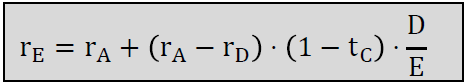 <p>Die r(E) Formel ist die Berechnung der Eigenkapitalkosten, die die erwartete Rendite eines <strong>verschuldeten</strong> auf das investierte Eigenkapital darstellt</p><p></p><p>Leverage-Effekt → Je höher die Verschuldung, desto höher ist die erwartete Rendite, solange:</p><ul><li><p>r(A) &gt; r(D)</p></li><li><p>erwartete Rendite unverschuldet &gt; zu zahlender Zins</p></li><li><p>Gesamtkapitalrentabilität &gt; zu zahlender Zins</p></li></ul><p></p>