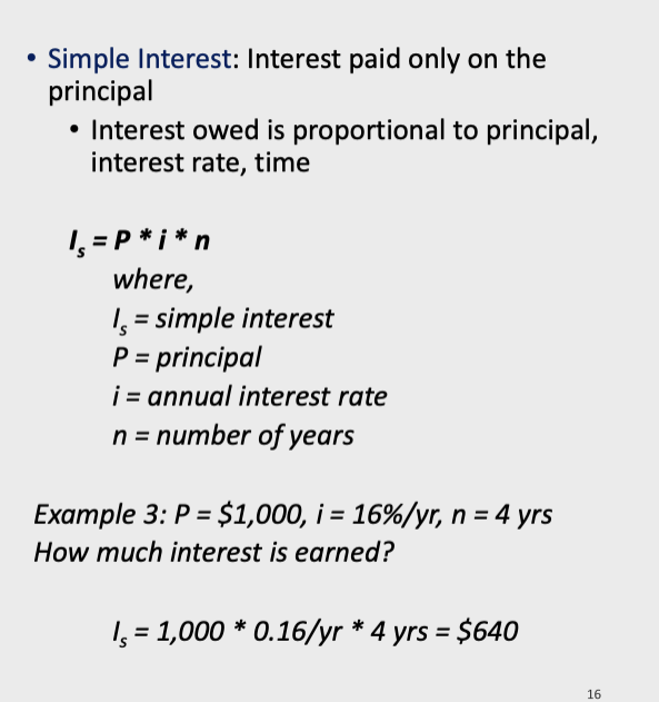 <p>simple interest</p><ul><li><p>I = P* i *n</p><p></p></li></ul>