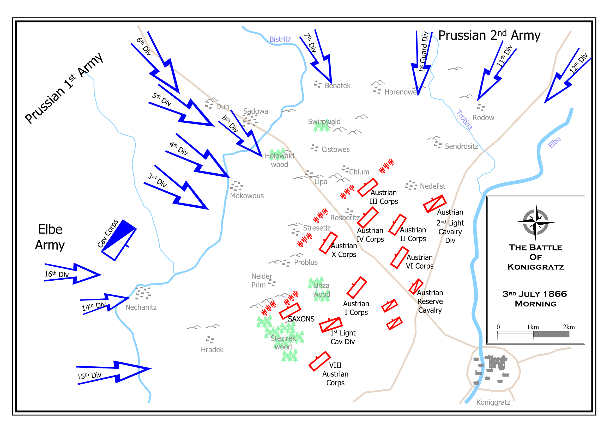 <p>Decisive 1866 Austro-Prussian War battle where Prussia used superior rail mobilization, staff work, and the needle gun to destroy Austrian forces. Paved the way for German unification.</p>