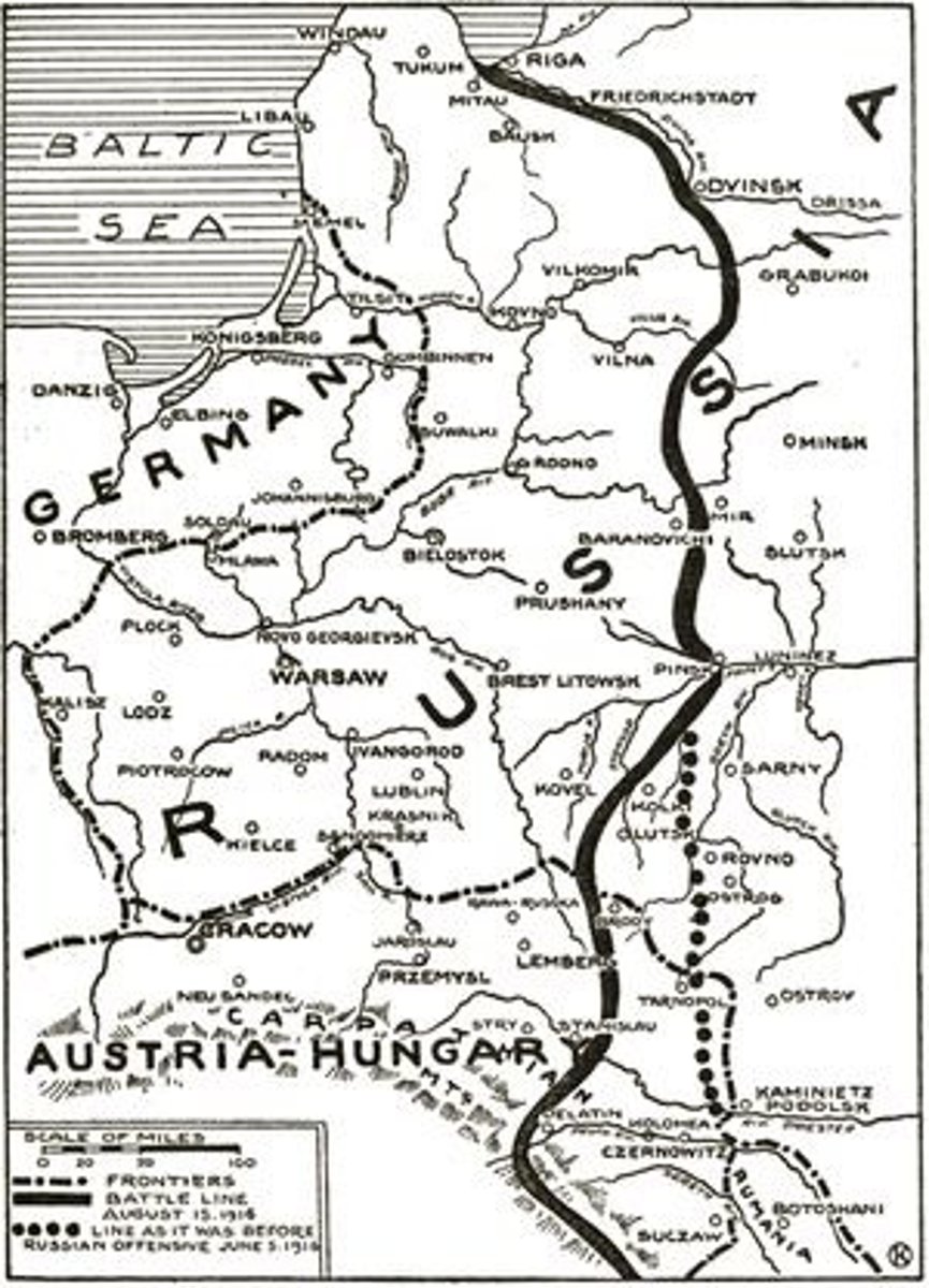 <p>The battle line in Russia during WWI. This line moved further into Russia than the Western Front moved into France.</p>
