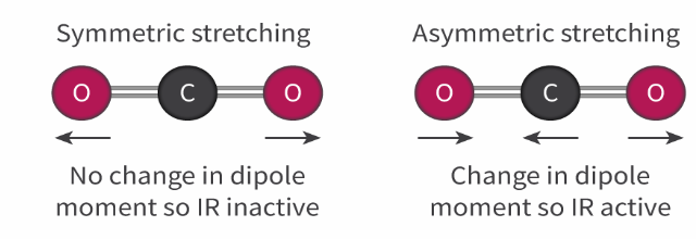 <ul><li><p>a molecule does not have to have a permanent dipole (such as CO<sub>2</sub>) but there must be a change in the dipole moment of the molecule</p><p></p></li><li><p><span>CO</span><sub>2</sub><span> is a non-polar molecule because the bond dipoles cancel out. When the CO</span><sub>2 </sub><span>molecule undergoes symmetrical stretching, there is no change in the dipole moment of the molecule, therefore it does not absorb IR radiation and is known as being&nbsp;IR inactive</span></p><p></p></li><li><p><span>However, when the CO</span><sub>2</sub><span> molecule undergoes asymmetric stretching there is a change in the dipole moment of the molecule because the bond dipoles no longer cancel out. This change in the dipole moment means that the CO</span><sub>2</sub><span> can now absorb IR radiation and is known as being&nbsp;IR active</span></p><p></p></li></ul>