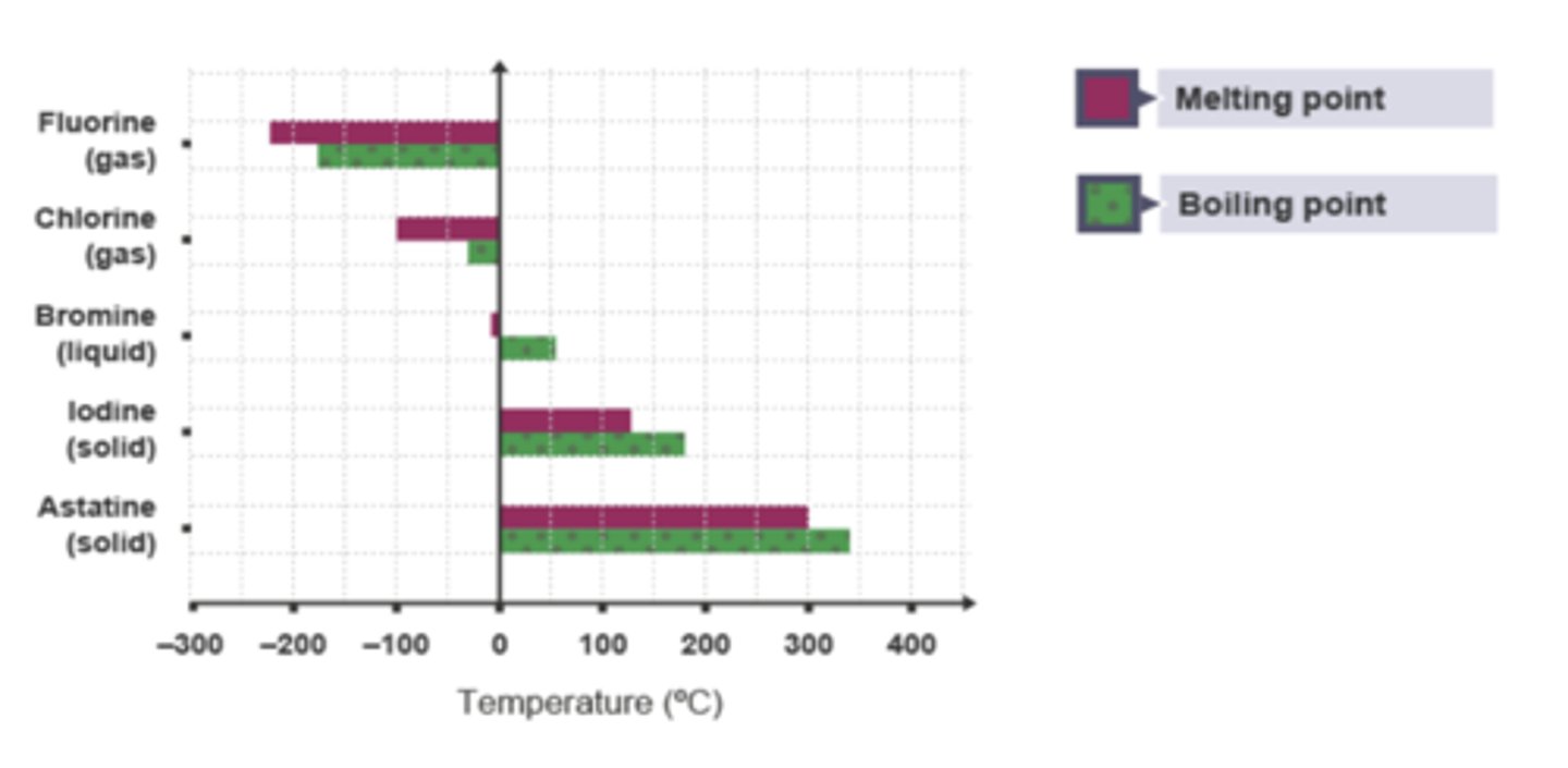 <p>Melting Point</p><p>The Melting and Boiling Points of Halogens increases as you go down the group</p>