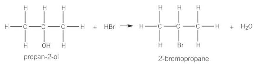 <ul><li><p>when preparing a haloalkane, the alcohol is heated under reflux with sulphuric acid and a sodium halide the hydrogen bromide is formed in site</p><p>NaBr(S) + H2SO4(aq) → NaHSO4(aq) + HBr(aq)</p></li><li><p>the HBr formed reacts with the alcohol to produce the haloalkane</p></li></ul><p></p>