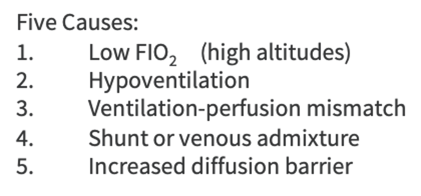 <p>deficient amount of oxygen in the blood</p>