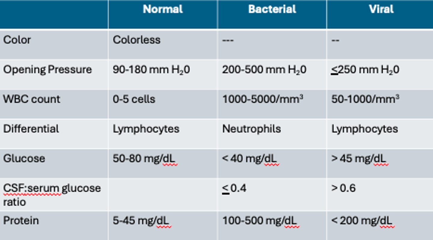 <p>Hallmarks:</p><p>- high WBC ct (neutrophil predominance)</p><p>- low glucose (bacteria eat glucose)</p><p>- protein may be elevated</p>