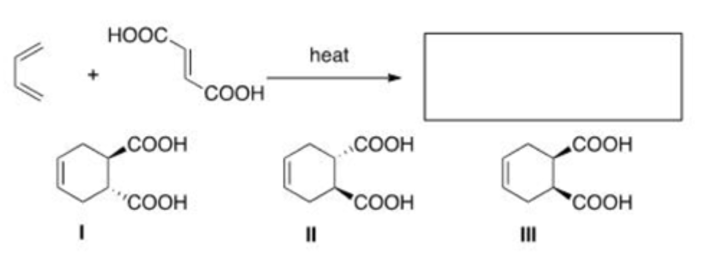 <p>What is the major organic product of the following reaction?</p><p>A. Only I</p><p>B. Only II</p><p>C. Only III</p><p>D. Only I and II</p>