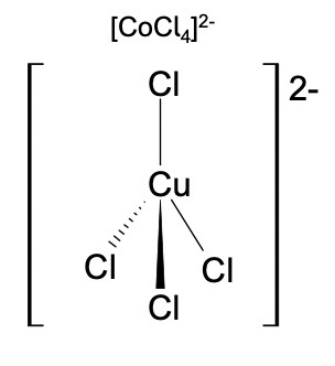<p>Tetrahedral</p><ul><li><p>forms with larger ligands like chloride ions</p></li></ul><p></p>