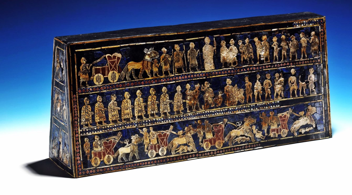 <p><strong>Standard of Ur from the Royal Tombs at Ur</strong></p><p>Sumerian</p><p>Iraq</p><p>2600-2400 BCE</p><p>Wood inlaid with shell, lapis lazuli, and red limestone</p>