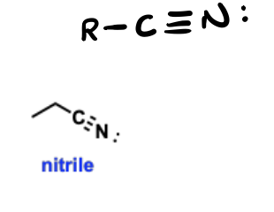 <p>Nitrogen-containing functional groups that contain a carbon-nitrogen triple bond (C≡N).</p>