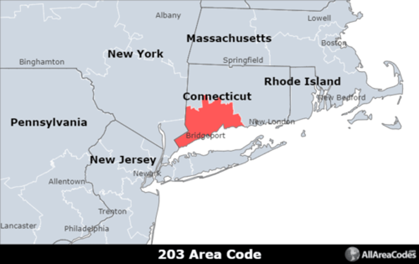 <p>Area code 203 is located in southwestern Connecticut and covers Bridgeport, New Haven, Stamford, Waterbury, and Norwalk. It has a single overlay (475) that serves the same area.</p>