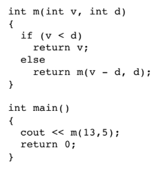 <p>(10 points) What does the following program print. You will not get any points if you don't show the steps of the calculation. Be very methodical, it is easy to make a mistake (such as using v where you should use d).</p>