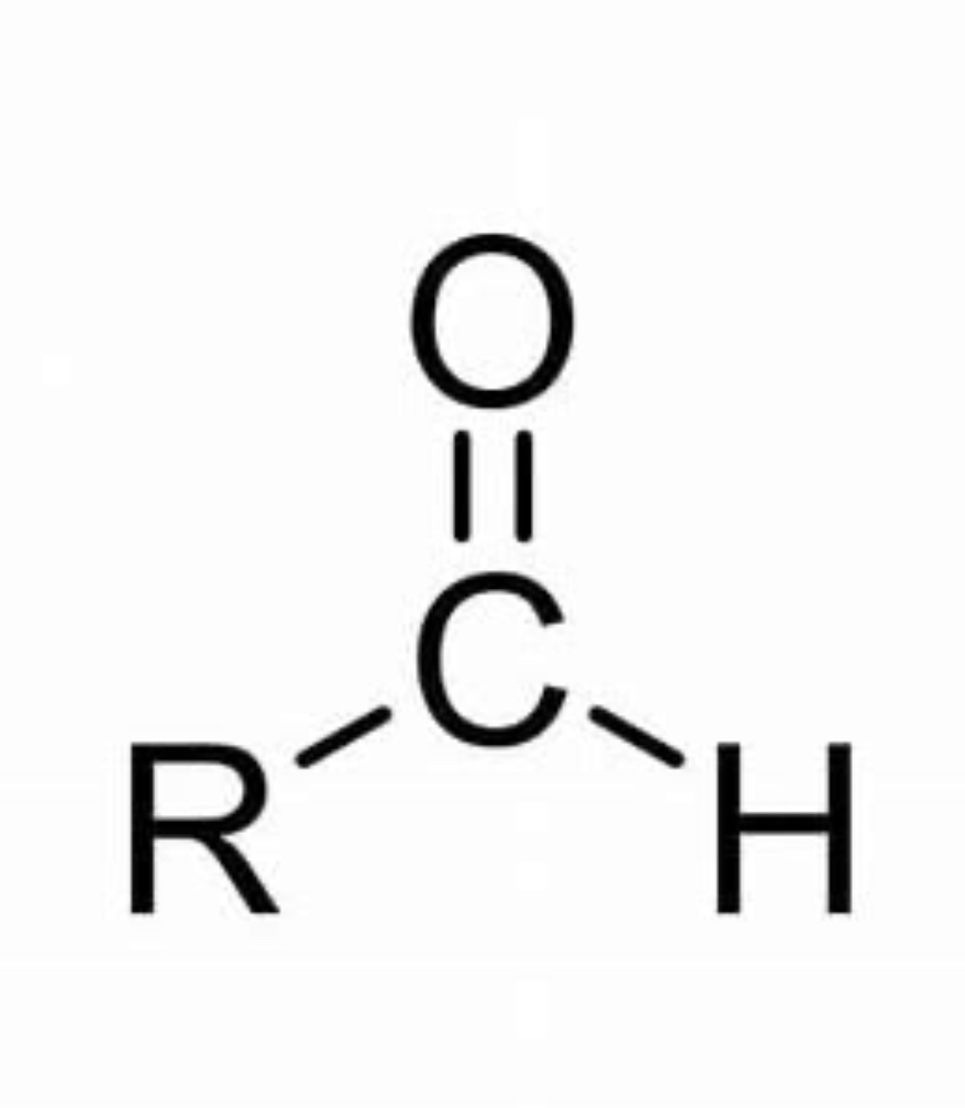<p>Carbonyl group- one of R groups is an H</p><p>Carbon double bonded to O and bonded to 2 R groups </p><p>RCHO</p><p></p><p></p>