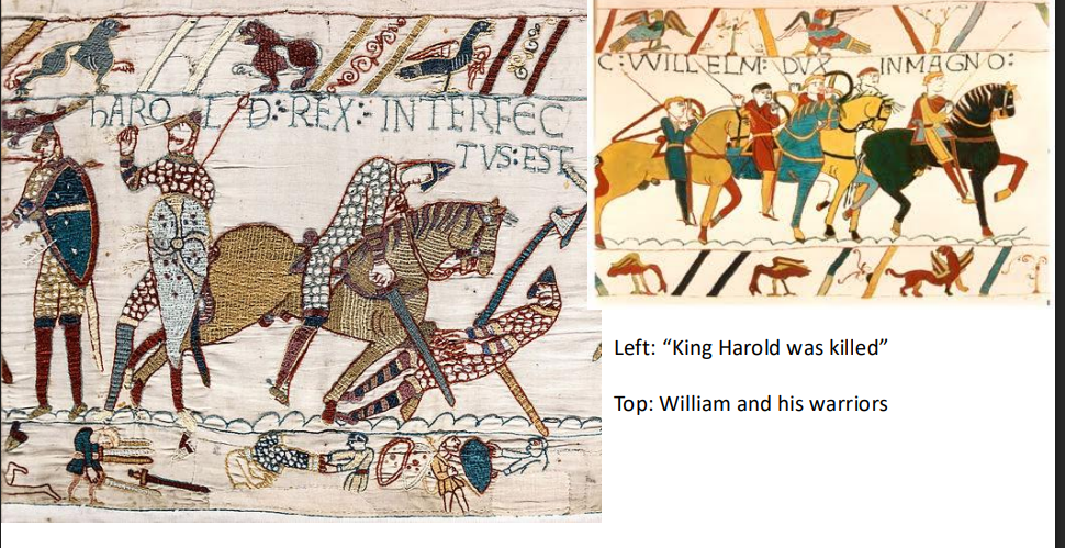 <p>Battle of Hastings 1066: Normans, led by William the Conqueror (Duke of Normandy) invade England (last</p><p>Anglo-Saxon ruler Harold is killed)</p>