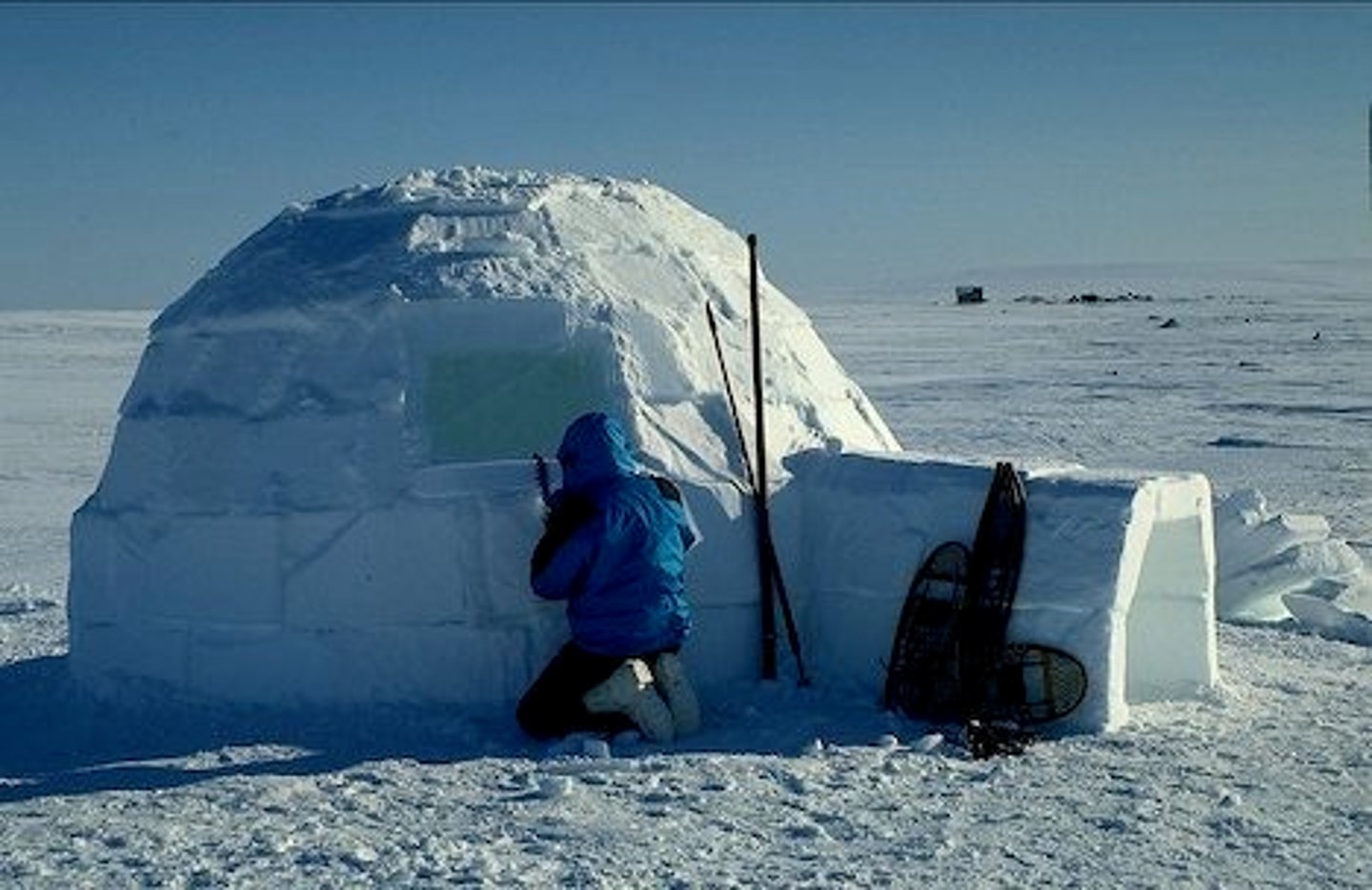 <p>/ˈɪɡluː/ • Noun • A house made of ice blocks, typically used by Inuits. • Nhà băng tuyết. • The explorers built an igloo to shelter from the cold.</p>
