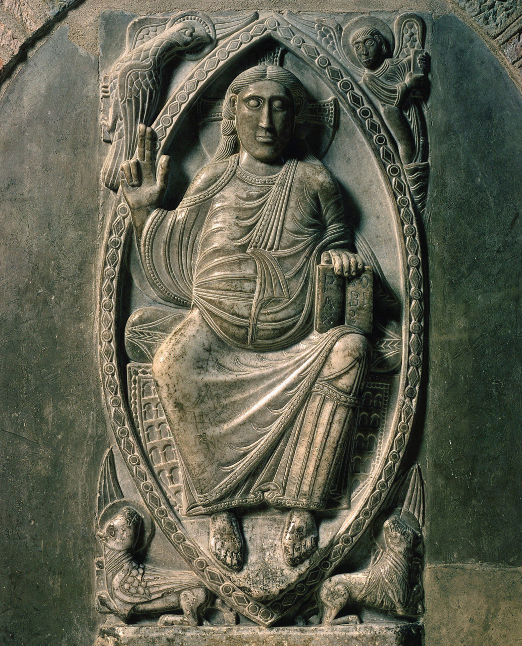 monumental low stone relief, 4 symbols of the evangelists, 