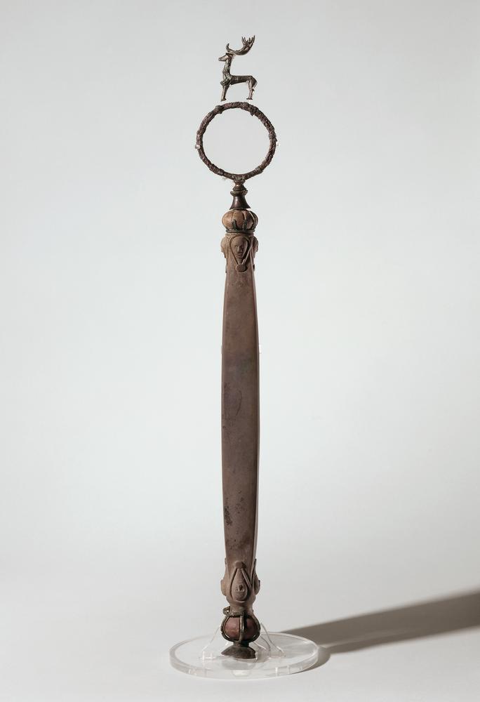Ceremonial whetstone/scepter, Anglo-Saxon, early 7th century, from Mound 1, Sutton Hoo, Suffolk, England, stone and copper alloy